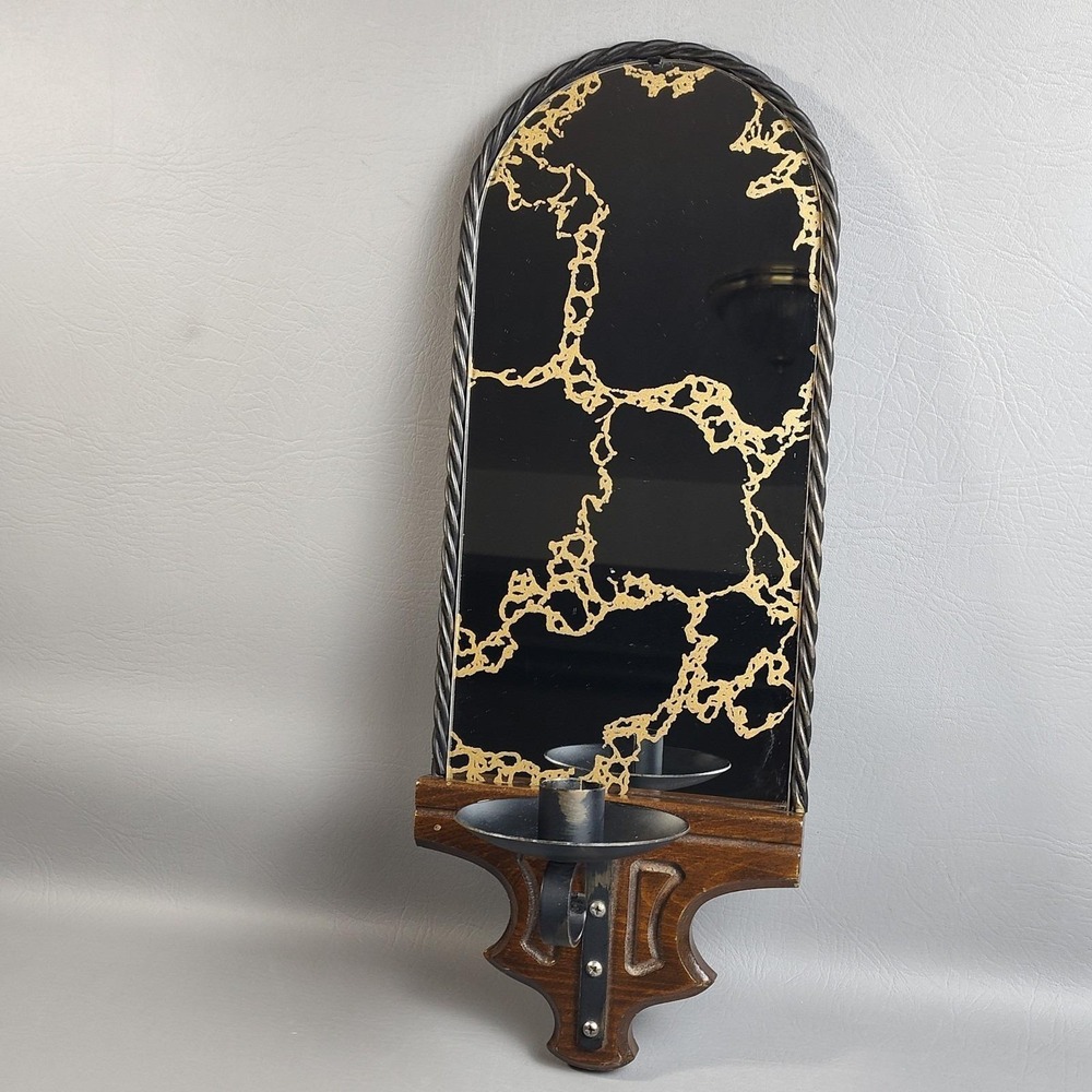 Vintage MCM‎ Iron Rope Wooden Wall Sconce Candlestick Holder Gold Vein Mirror